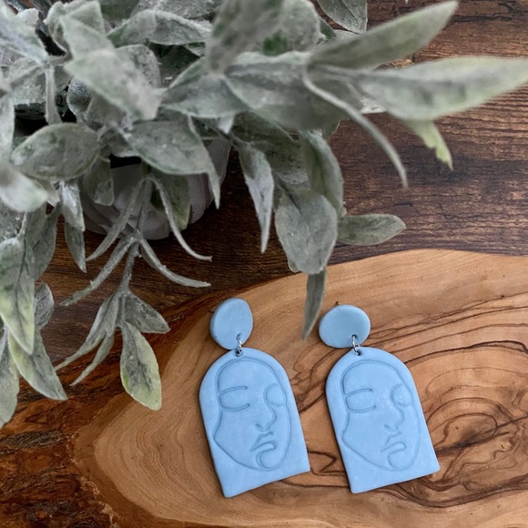 Hand Crafted Jewelry - Handmade Abstract Woman’s Face Clay Earrings-Blue